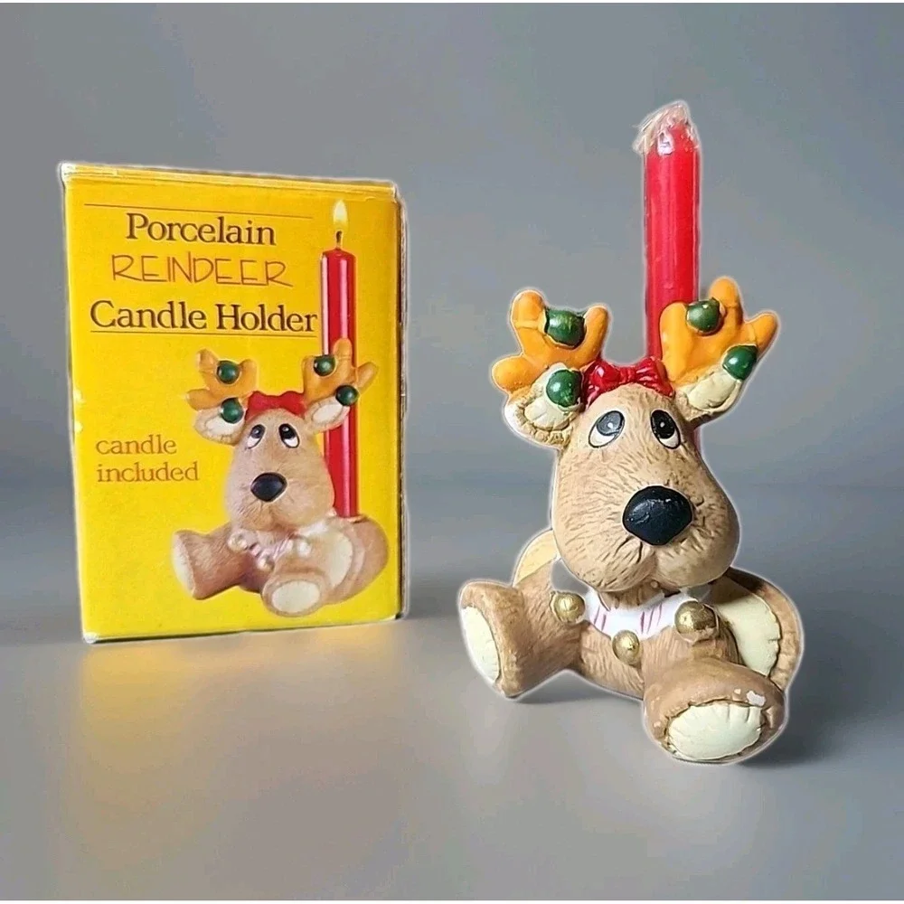 Vintage Christmas Reindeer Candle Holder‎ Giftco Handpainted Original Box Cutest